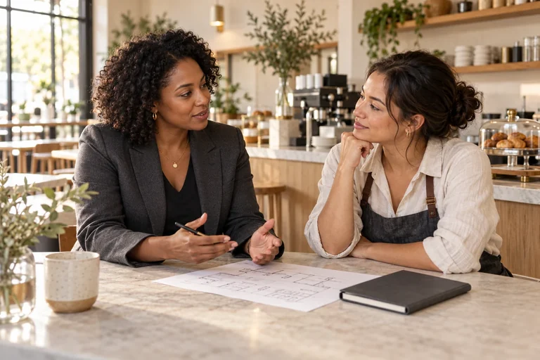 Conceptual illustration of a business owner talking through a setup with an advisor, not a real customer or staff member