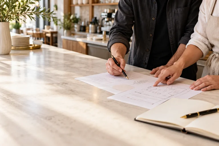 Conceptual illustration of two people reviewing a business workflow, not Guru Pay staff